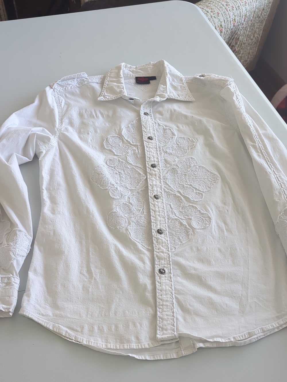 Women's White Embroidered Casual Button-Down Shirt
